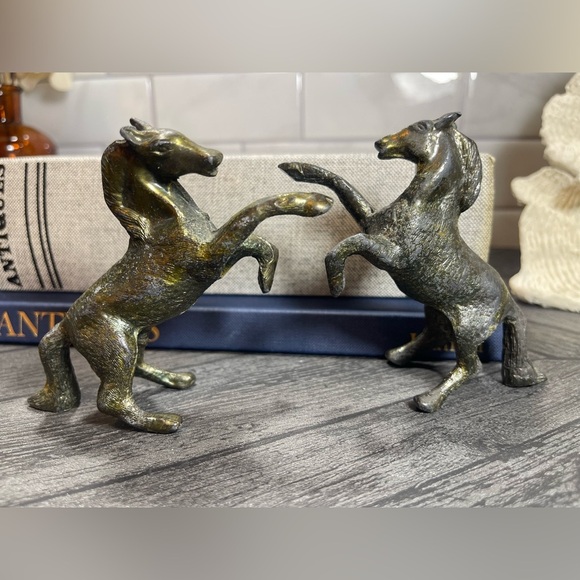 Vintage Cast Metal Black Gold Bronze Standing Horses Set of 2 Signed by Artist M - Picture 1 of 11